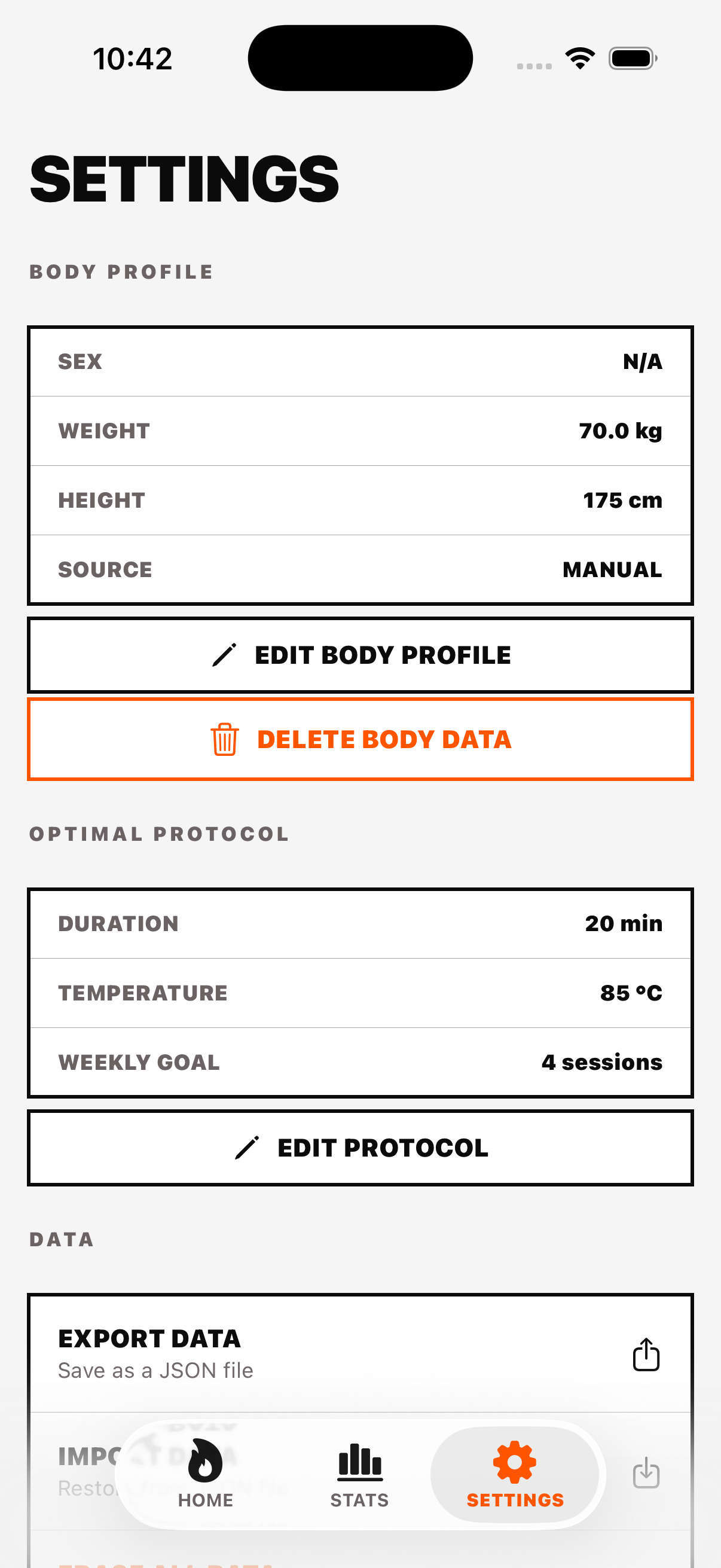 Settings screen