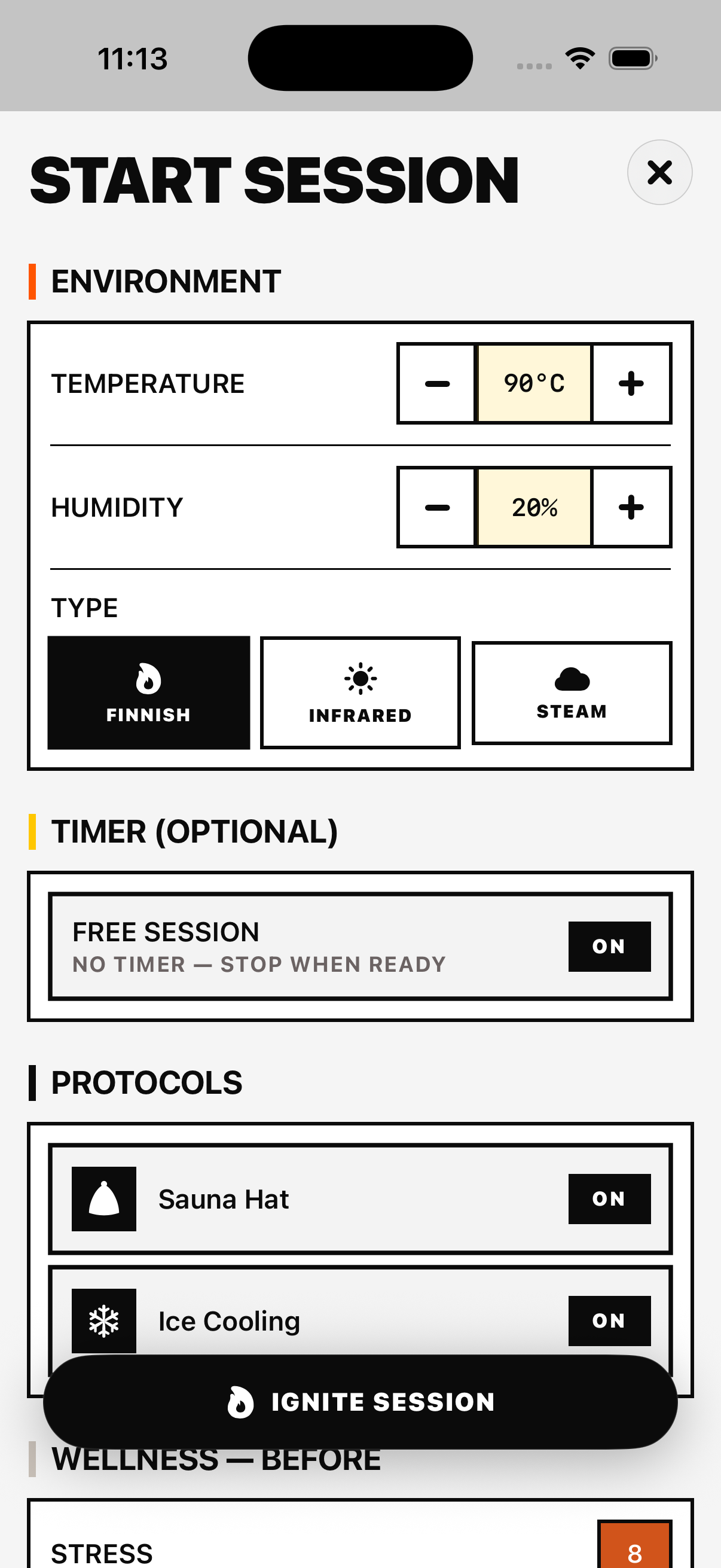 Start session screen